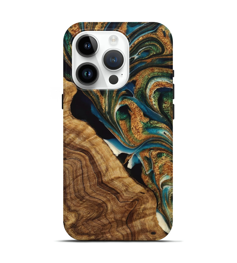 iPhone 15 Pro Wood+Resin Live Edge Phone Case - Marissa (Teal & Gold, 720757)