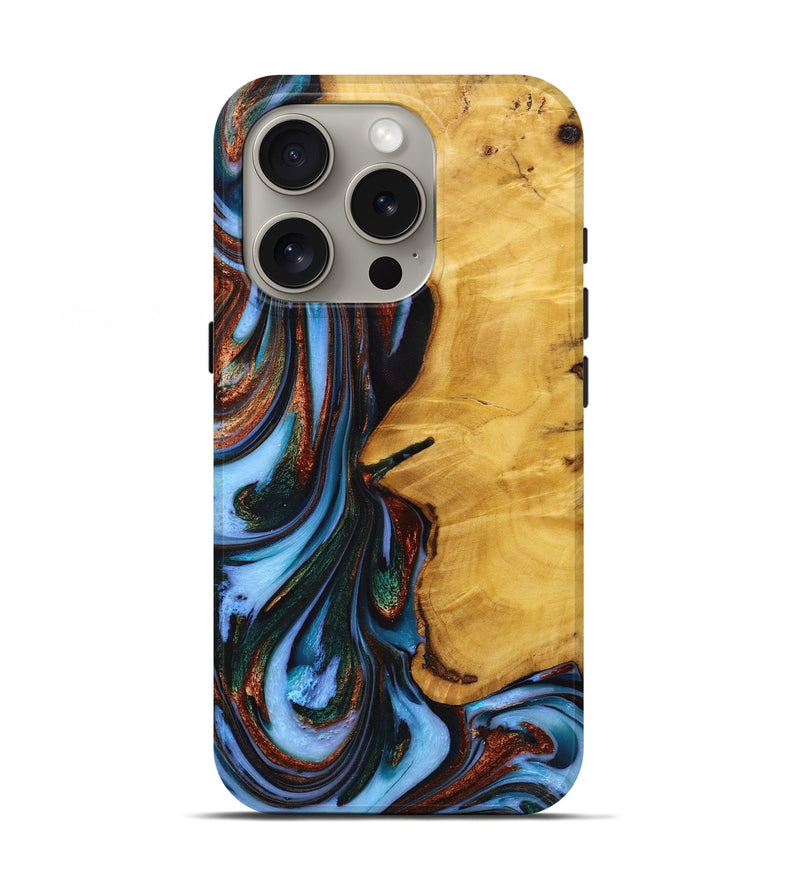 iPhone 16 Pro Wood+Resin Live Edge Phone Case - Joshua (Teal & Gold, 720758)