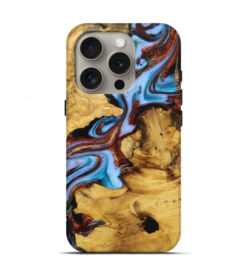 iPhone 16 Pro Wood+Resin Live Edge Phone Case - Clyde (Teal & Gold, 720759)