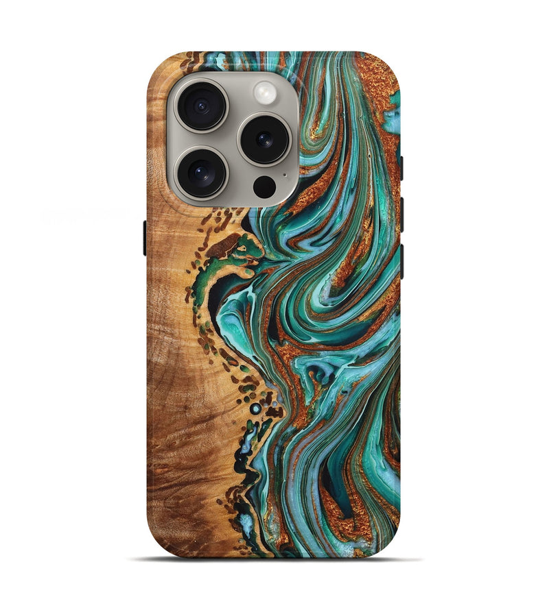 iPhone 16 Pro Wood+Resin Live Edge Phone Case - Eric (Teal & Gold, 721066)