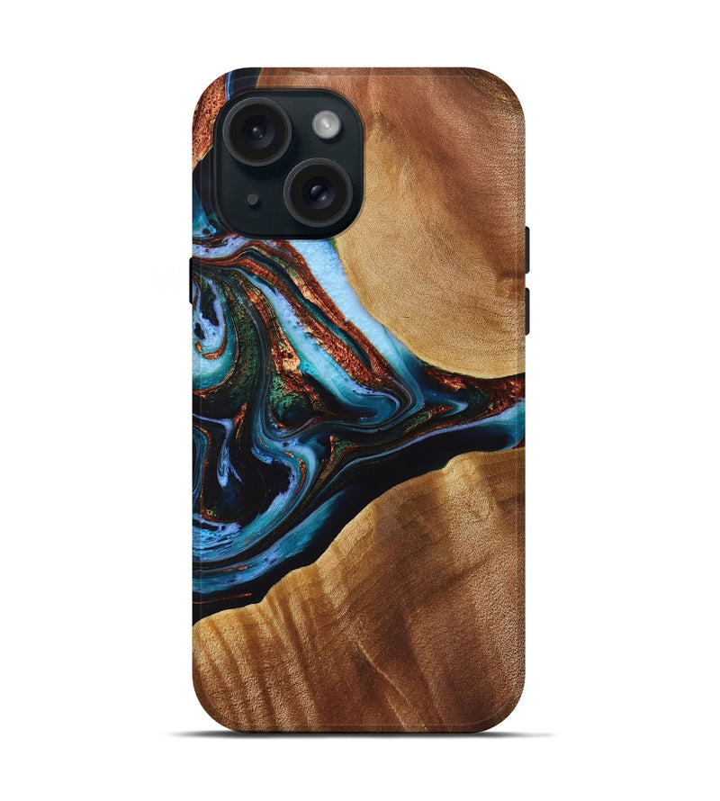 iPhone 15 Wood+Resin Live Edge Phone Case - Jimmy (Teal & Gold, 721067)