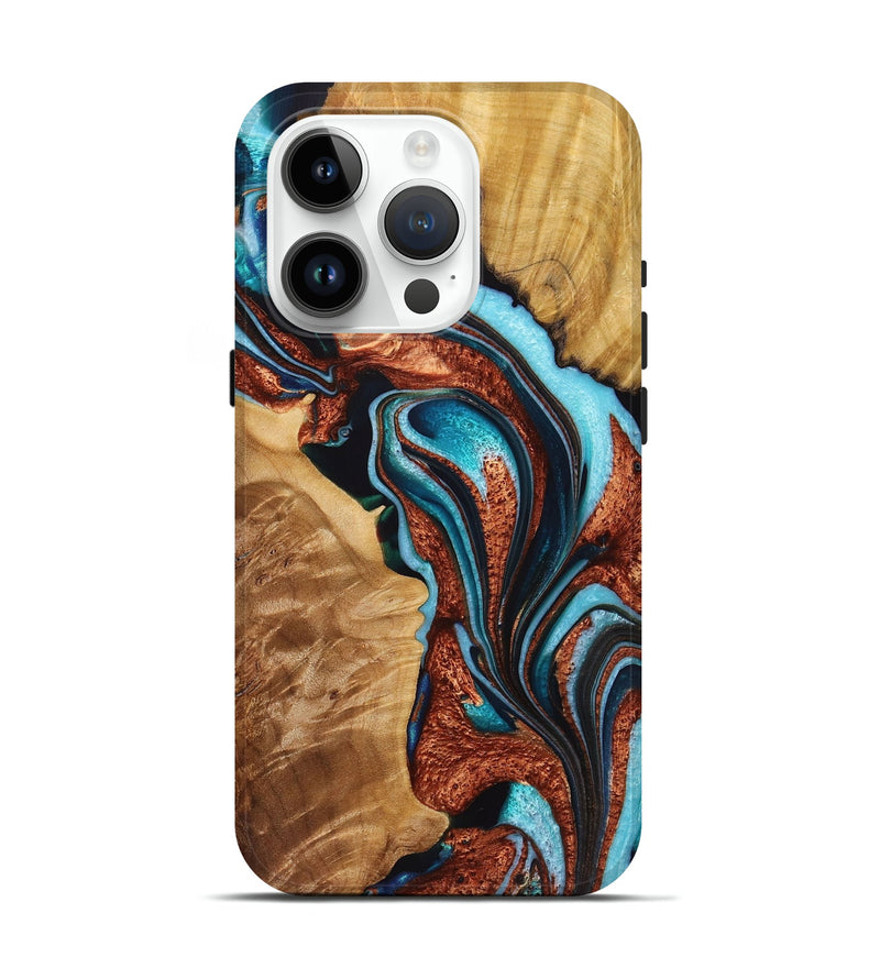 iPhone 15 Pro Wood+Resin Live Edge Phone Case - Velma (Teal & Gold, 721102)