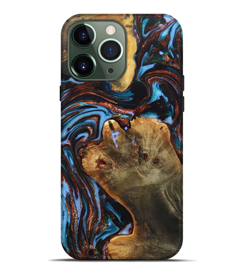 iPhone 13 Pro Max Wood+Resin Live Edge Phone Case - Raegan (Teal & Gold, 721182)