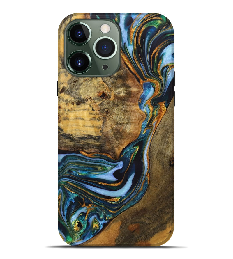 iPhone 13 Pro Max Wood+Resin Live Edge Phone Case - Cierra (Teal & Gold, 721183)