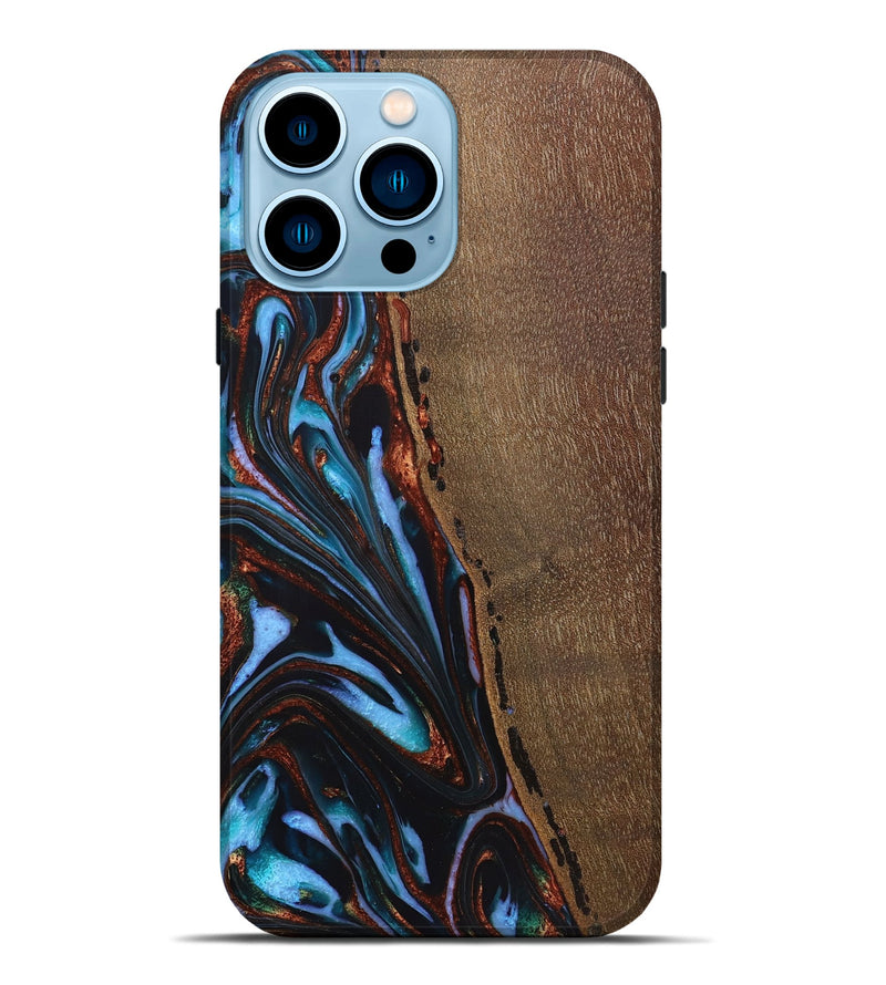 iPhone 14 Pro Max Wood+Resin Live Edge Phone Case - Journey (Teal & Gold, 721186)