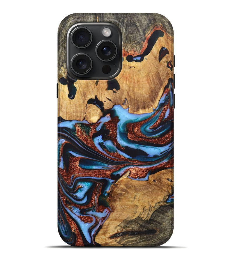 iPhone 16 Pro Max Wood+Resin Live Edge Phone Case - Toby (Teal & Gold, 721187)