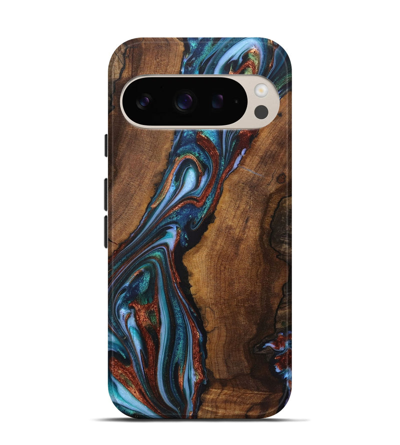Pixel 9 Pro Wood+Resin Live Edge Phone Case - Hector (Teal & Gold, 721188)