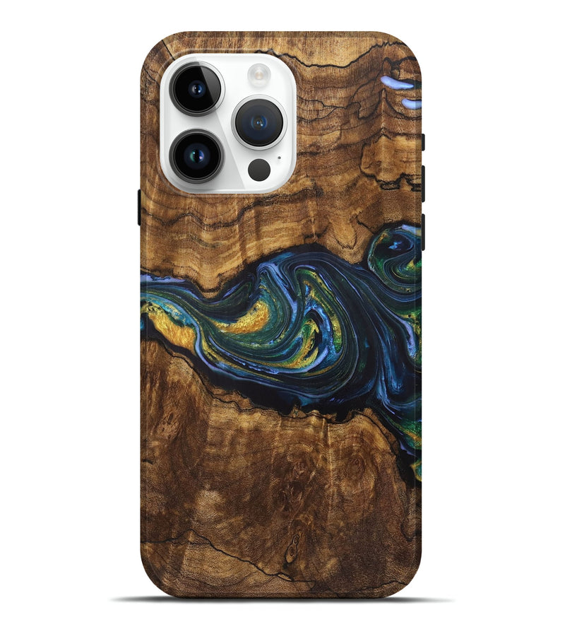 iPhone 15 Pro Max Wood+Resin Live Edge Phone Case - Nicolette (Teal & Gold, 721191)