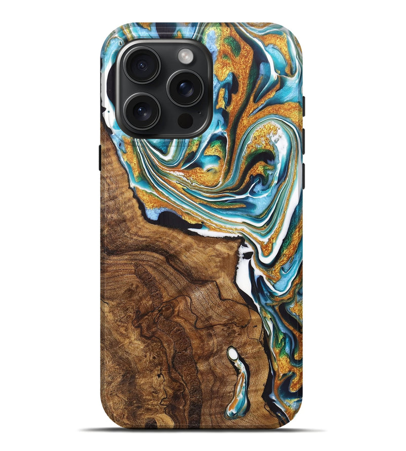 iPhone 16 Pro Max Wood+Resin Live Edge Phone Case - Holly (Teal & Gold, 721193)