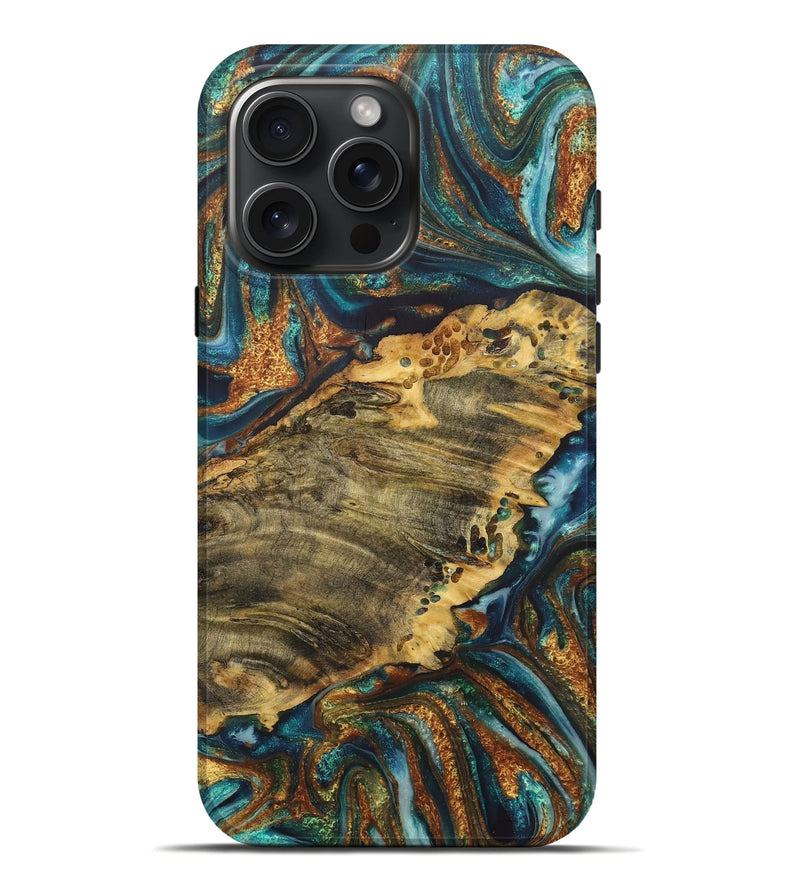 iPhone 16 Pro Max Wood+Resin Live Edge Phone Case - Cole (Teal & Gold, 721194)