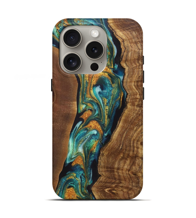 iPhone 16 Pro Wood+Resin Live Edge Phone Case - Jeff (Teal & Gold, 721195)