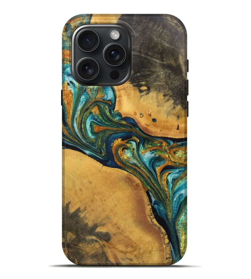 iPhone 16 Pro Max Wood+Resin Live Edge Phone Case - Piper (Teal & Gold, 721196)