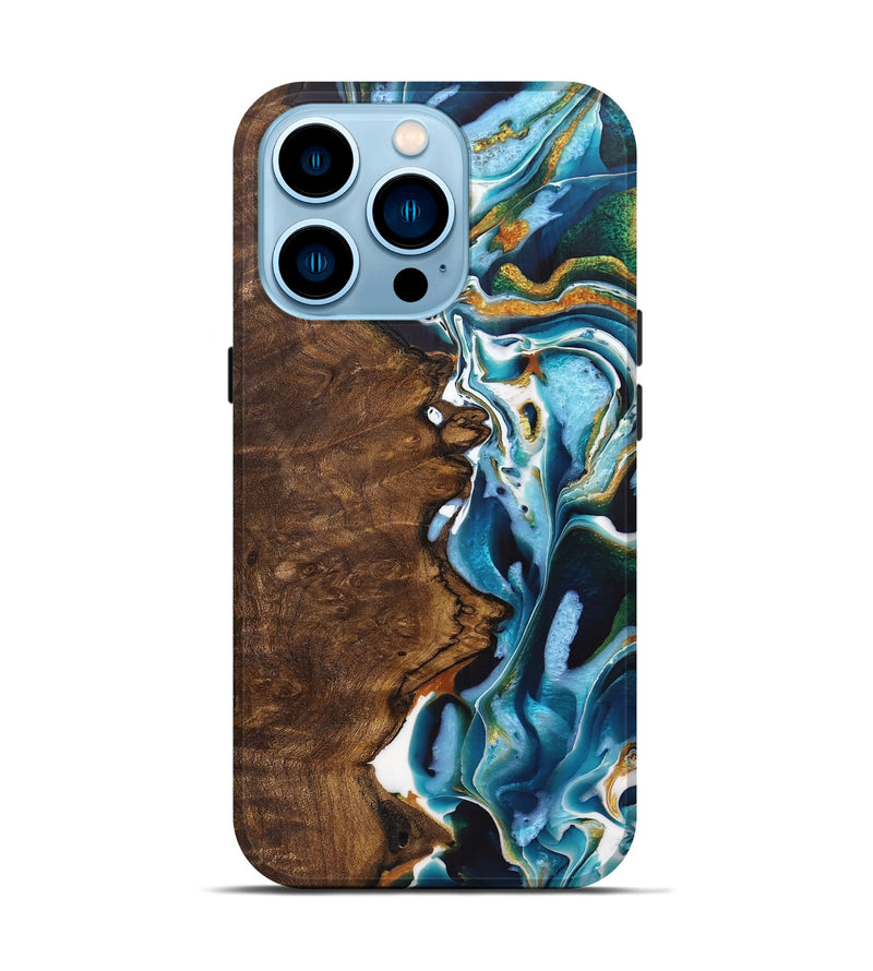 iPhone 14 Pro Wood+Resin Live Edge Phone Case - Mabel (Teal & Gold, 721197)