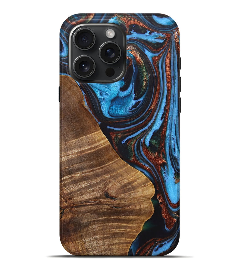 iPhone 16 Pro Max Wood+Resin Live Edge Phone Case - David (Teal & Gold, 721198)
