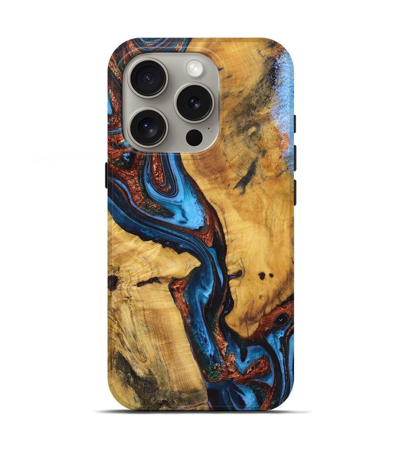 iPhone 16 Pro Wood+Resin Live Edge Phone Case - Atticus (Teal & Gold, 721199)