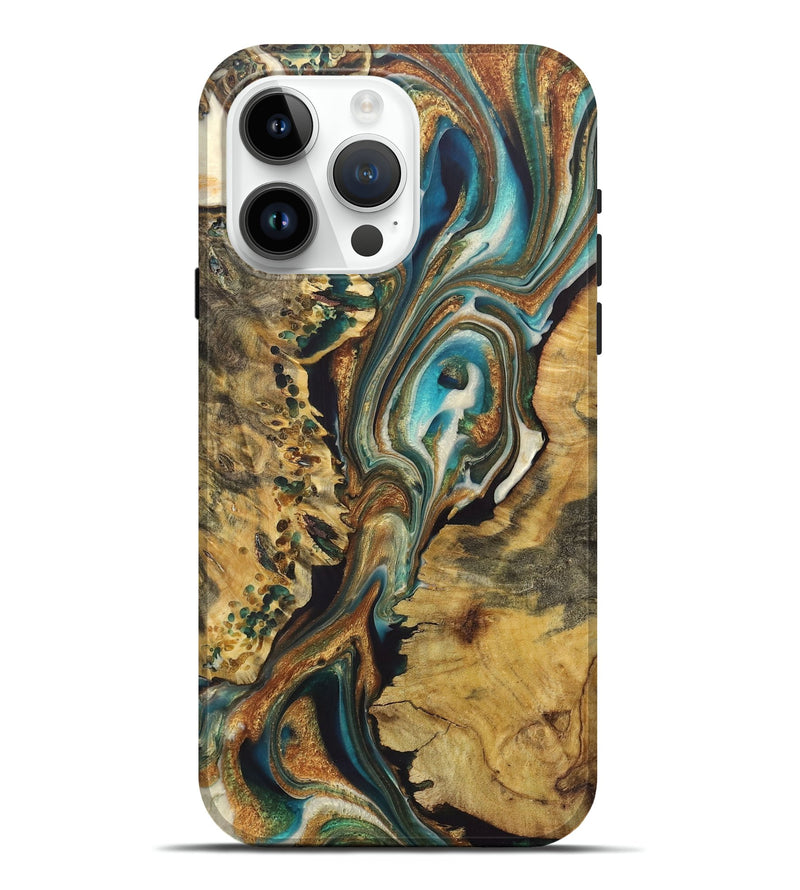 iPhone 15 Pro Max Wood+Resin Live Edge Phone Case - Braylen (Teal & Gold, 721200)