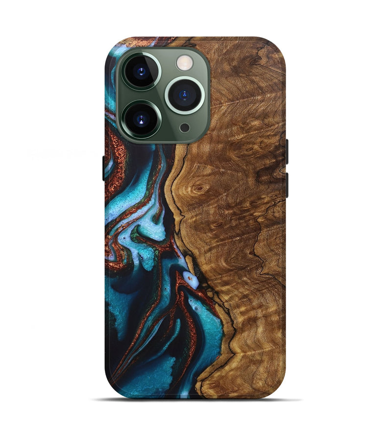iPhone 13 Pro Wood+Resin Live Edge Phone Case - Wynter (Teal & Gold, 721202)