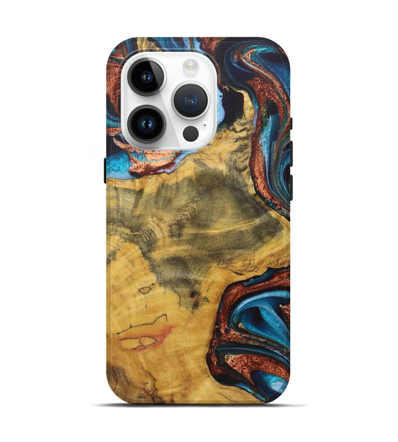 iPhone 15 Pro Wood+Resin Live Edge Phone Case - Brock (Teal & Gold, 721203)
