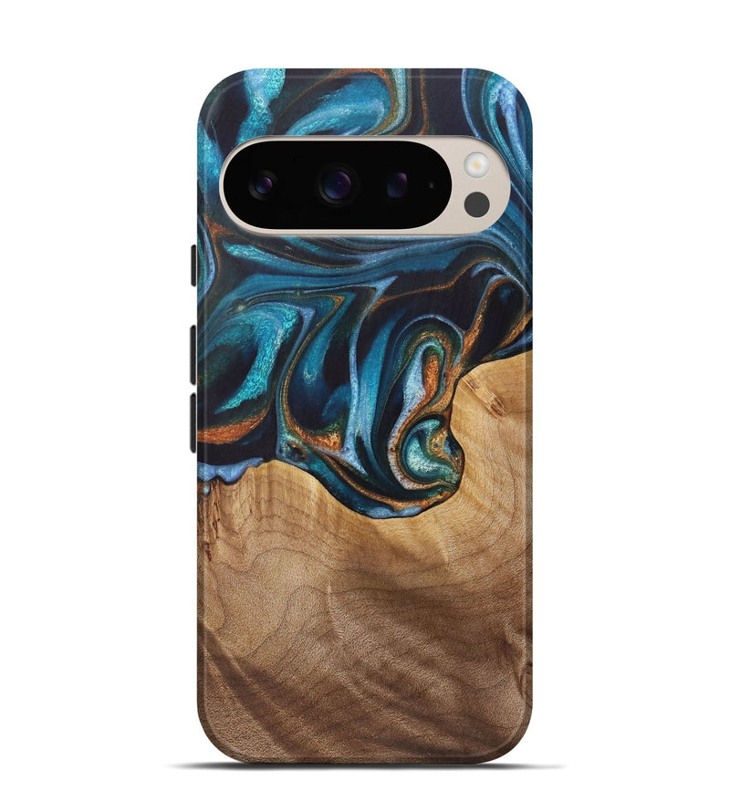 Pixel 9 Pro Wood+Resin Live Edge Phone Case - Samantha (Teal & Gold, 721318)