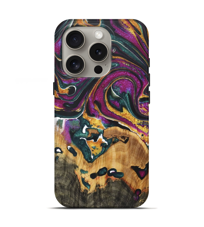 iPhone 16 Pro Wood+Resin Live Edge Phone Case - Catalina (Teal & Gold, 722011)