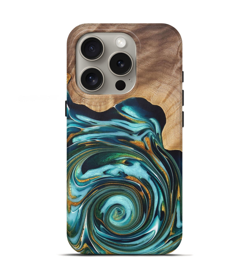 iPhone 16 Pro Wood+Resin Live Edge Phone Case - Samantha (Teal & Gold, 722032)