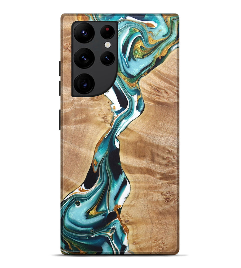 Galaxy S22 Ultra Wood+Resin Live Edge Phone Case - Gemma (Teal & Gold, 722034)