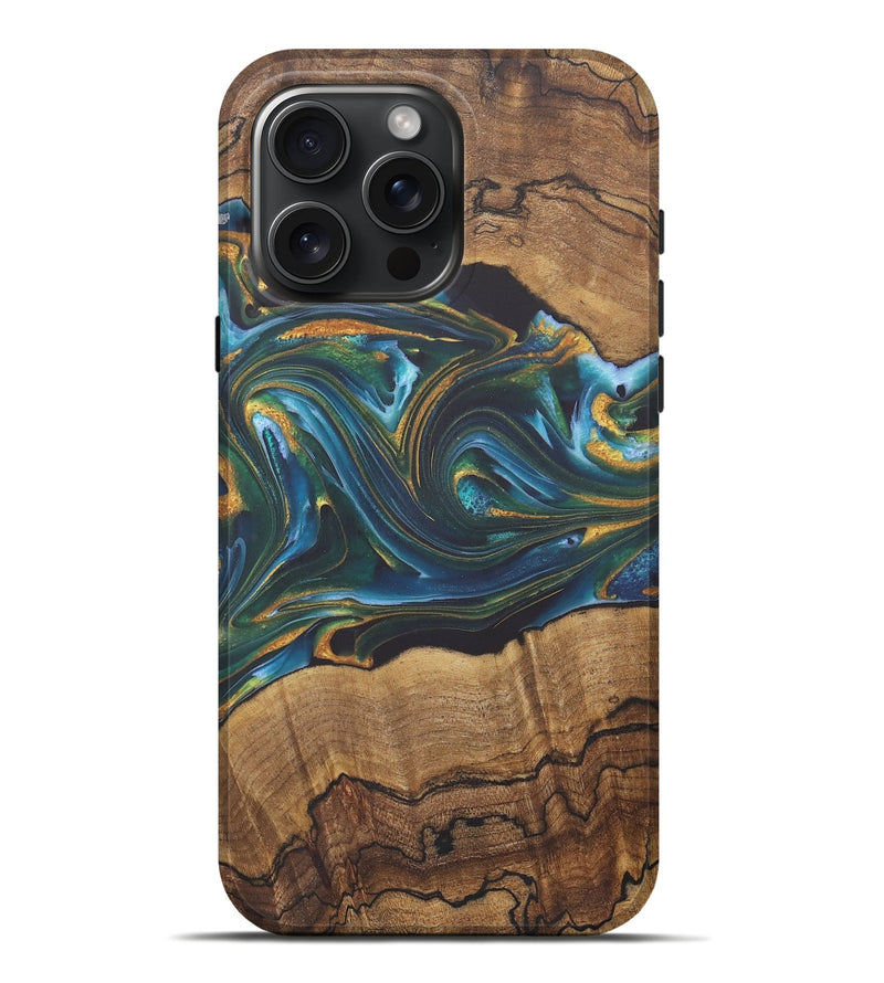 iPhone 16 Pro Max Wood+Resin Live Edge Phone Case - Emilia (Teal & Gold, 722231)
