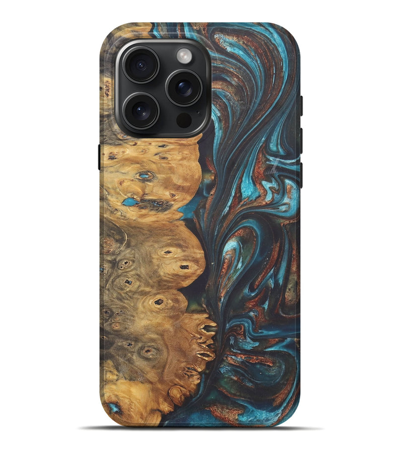 iPhone 16 Pro Max Wood+Resin Live Edge Phone Case - Kailani (Teal & Gold, 722239)