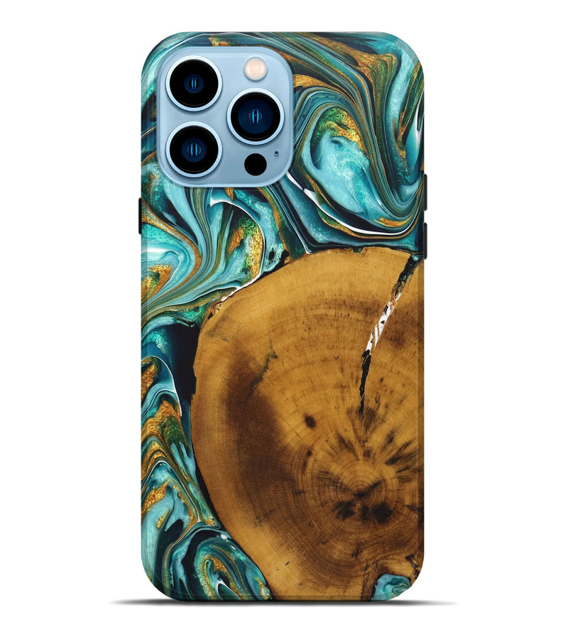 iPhone 14 Pro Max Wood+Resin Live Edge Phone Case - Gregory (Teal & Gold, 722242)