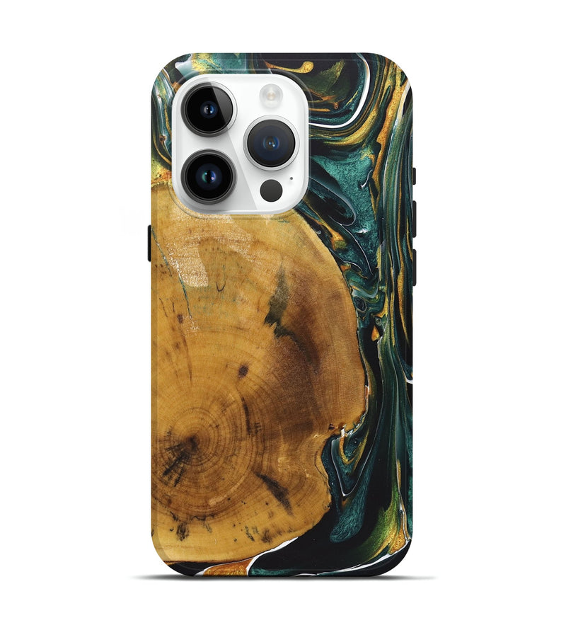 iPhone 15 Pro Wood+Resin Live Edge Phone Case - River (Teal & Gold, 722467)