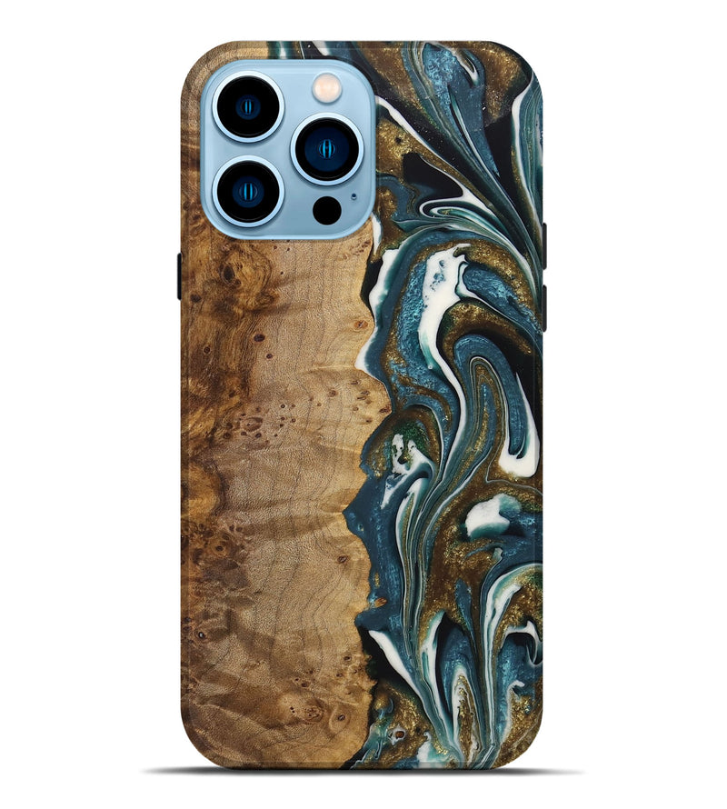 iPhone 14 Pro Max Wood+Resin Live Edge Phone Case - Elena (Teal & Gold, 722752)