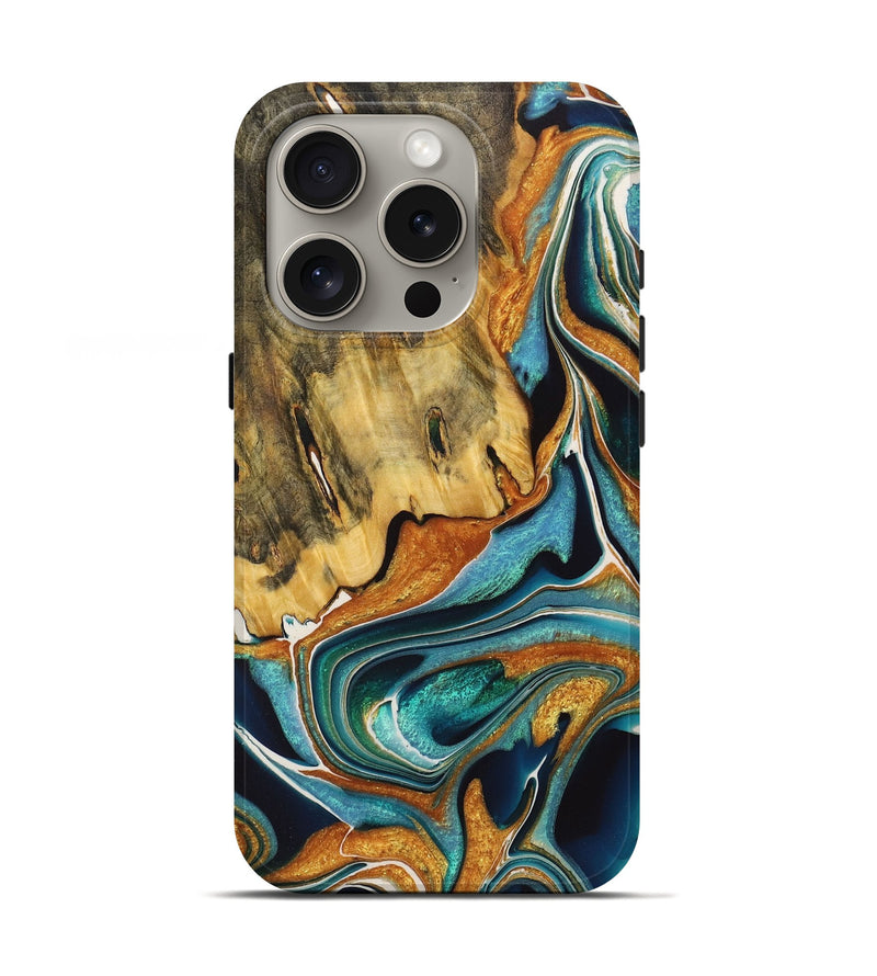 iPhone 16 Pro Wood+Resin Live Edge Phone Case - Claire (Teal & Gold, 722755)