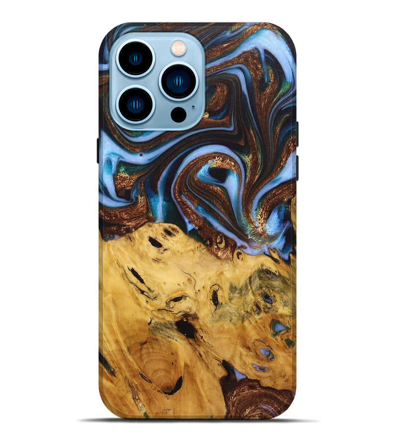iPhone 14 Pro Max Wood+Resin Live Edge Phone Case - Ray (Teal & Gold, 722757)