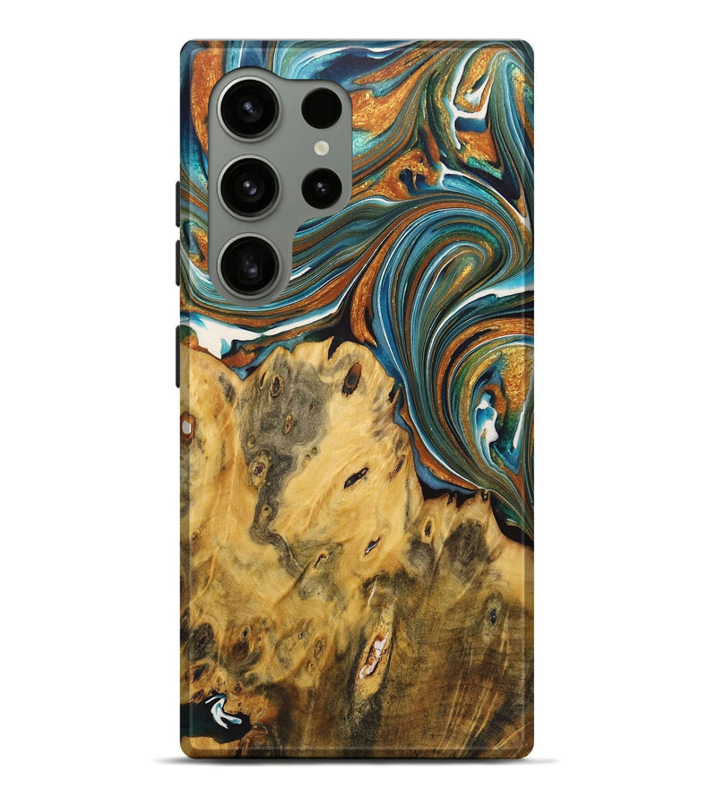 Galaxy S24 Ultra Wood+Resin Live Edge Phone Case - Sara (Teal & Gold, 722766)