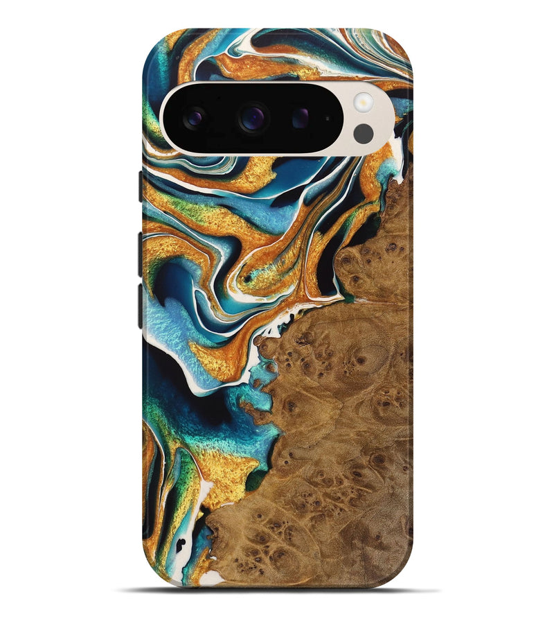 Pixel 9 Pro XL Wood Live Edge Phone Case - Charlie (Teal & Gold, 723601)