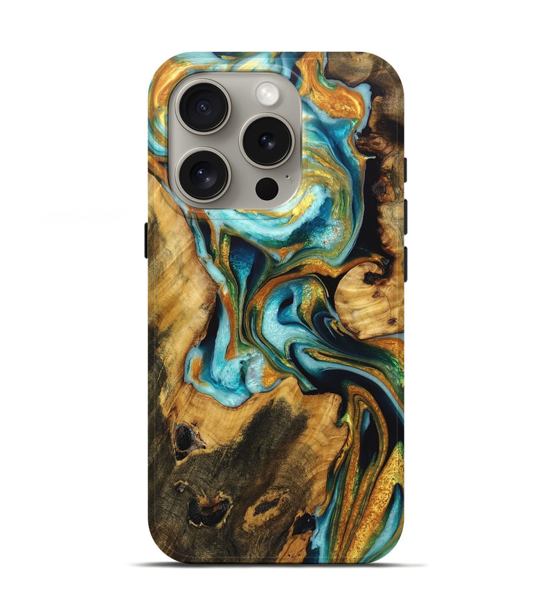 iPhone 16 Pro Wood Live Edge Phone Case - Joyce (Teal & Gold, 723625)
