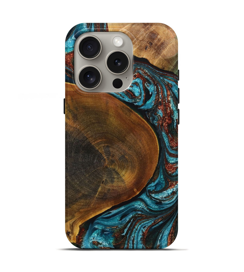 iPhone 16 Pro Wood Live Edge Phone Case - Yahir (Teal & Gold, 723654)