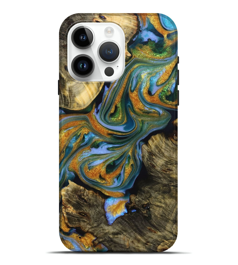 iPhone 15 Pro Max Wood Live Edge Phone Case - Herman (Teal & Gold, 723655)