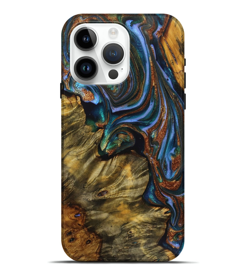 iPhone 15 Pro Max Wood Live Edge Phone Case - Annabella (Teal & Gold, 723656)