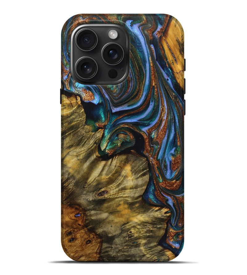 iPhone 16 Pro Max Wood Live Edge Phone Case - Jasmine (Teal & Gold, 723657)