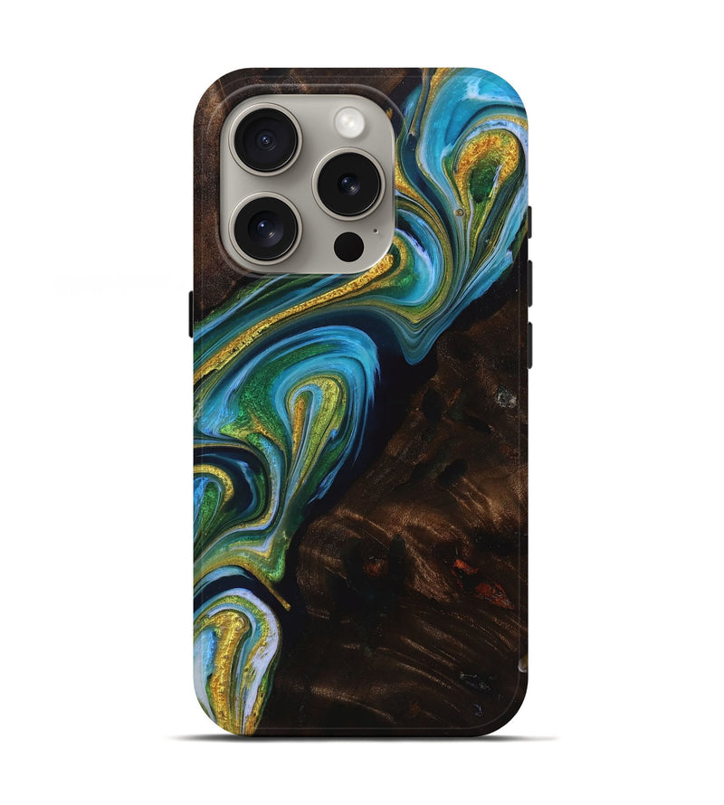iPhone 16 Pro Wood Live Edge Phone Case - Greg (Teal & Gold, 723658)