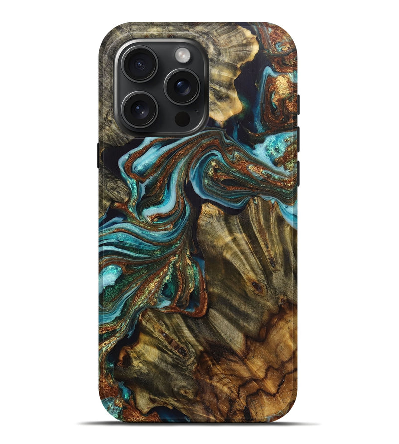 iPhone 16 Pro Max Wood Live Edge Phone Case - Kamryn (Teal & Gold, 723659)