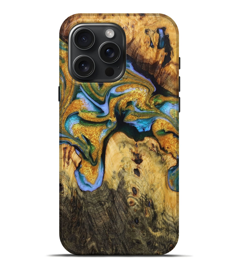 iPhone 16 Pro Max Wood Live Edge Phone Case - Knox (Teal & Gold, 723660)