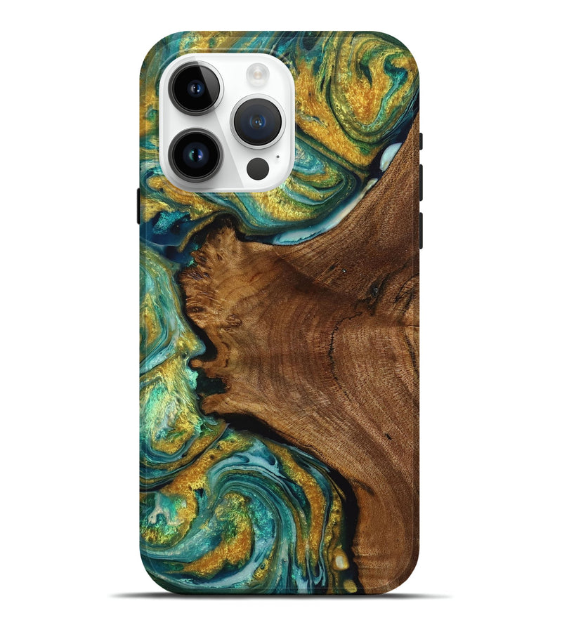 iPhone 15 Pro Max Wood Live Edge Phone Case - Gianna (Teal & Gold, 723663)