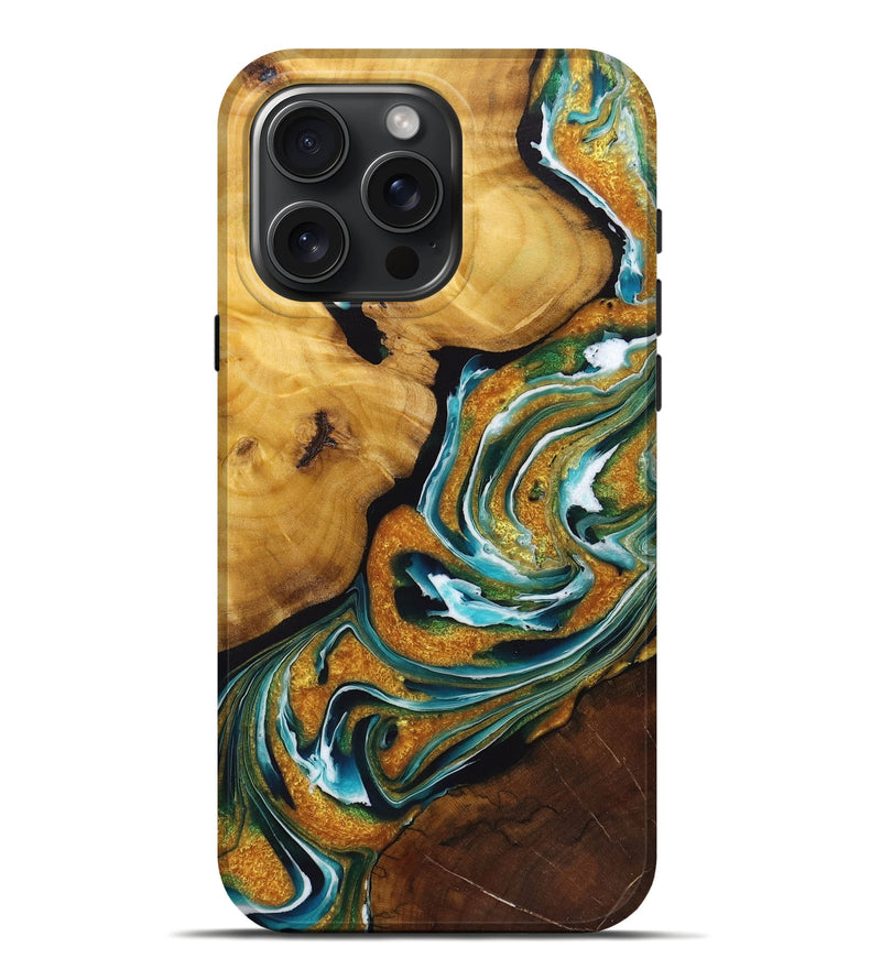 iPhone 16 Pro Max Wood Live Edge Phone Case - Sierra (Teal & Gold, 723664)