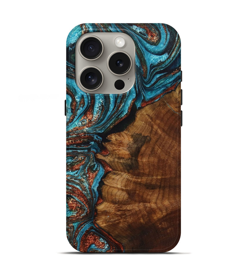 iPhone 16 Pro Wood Live Edge Phone Case - Patti (Teal & Gold, 723665)