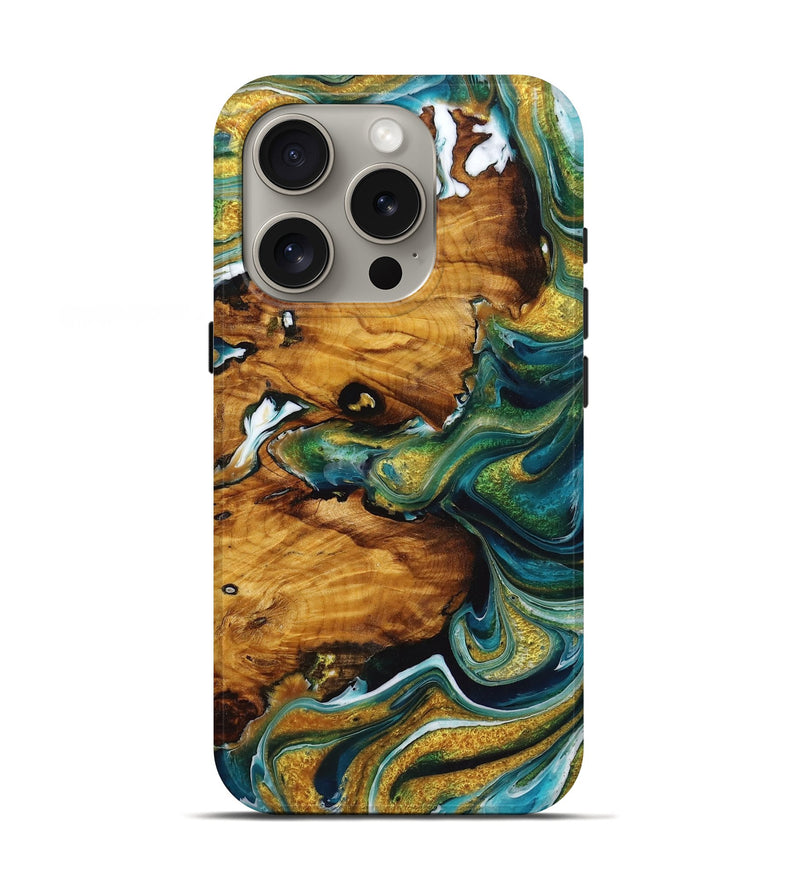 iPhone 16 Pro Wood Live Edge Phone Case - Teri (Teal & Gold, 723666)