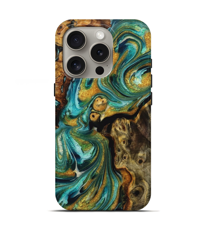 iPhone 16 Pro Wood Live Edge Phone Case - Esteban (Teal & Gold, 723668)