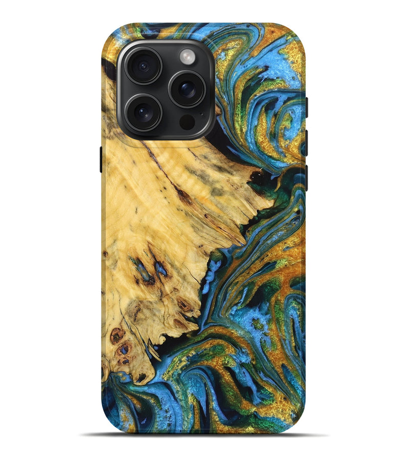 iPhone 16 Pro Max Wood Live Edge Phone Case - Maximus (Teal & Gold, 723696)