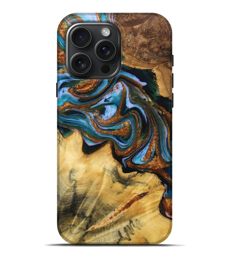 iPhone 16 Pro Max Wood Live Edge Phone Case - Melanie (Teal & Gold, 723697)
